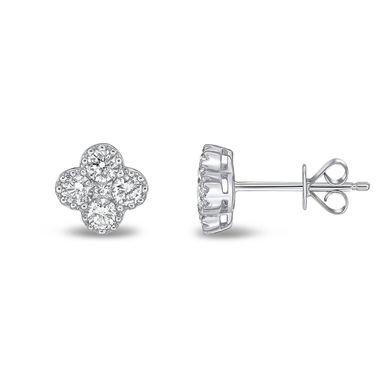 18ct White Gold Round And Princess Cut Diamond Quatrefoil Stud Earrings. Millegrain Set