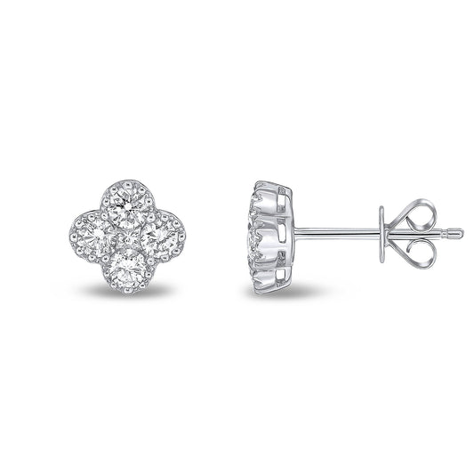 18ct White Gold Round And Princess Cut Diamond Quatrefoil Stud Earrings. Millegrain Set