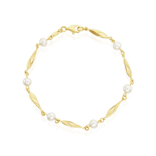 9ct Yellow Gold Polished Twist Bar And Cultured Freshwater Pearl Bracelet