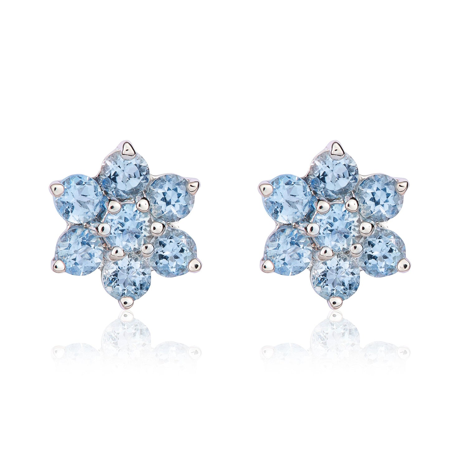 9ct White Gold Round Aqua 6X1 Claw Cluster Earrings