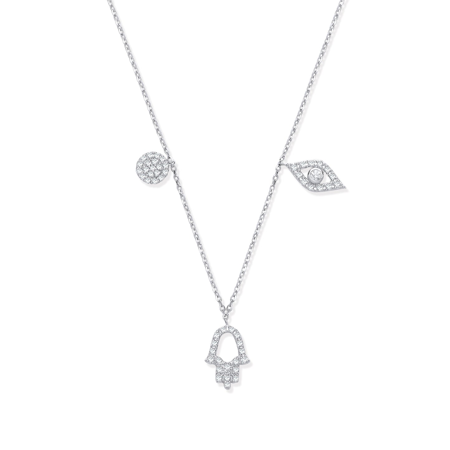 9ct White Gold 0.22ct White Evil Eye, Hamsa & Circle Pendant Chain