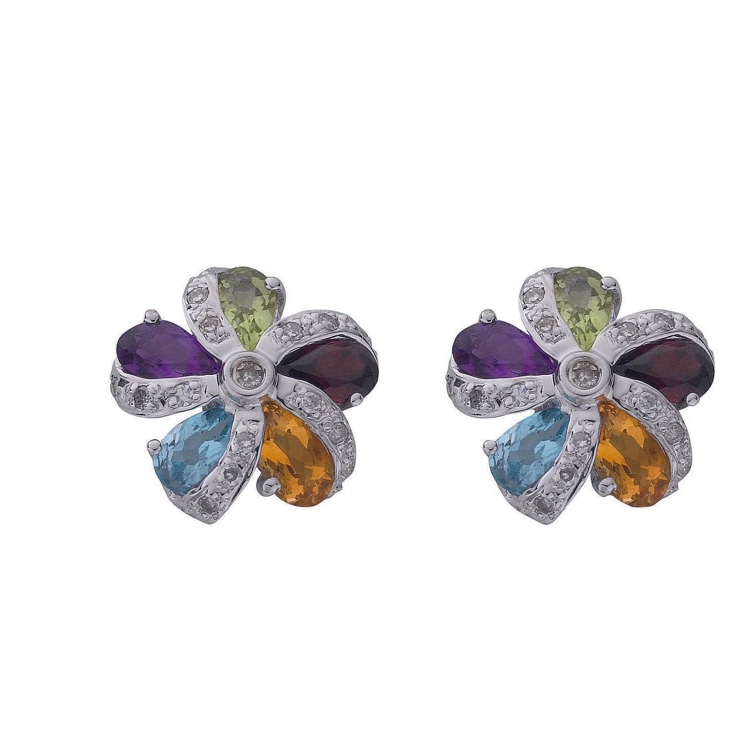 9ct White Gold 0.12ct Diamond & Multi Colour Gems Flower/Cluster Earrings