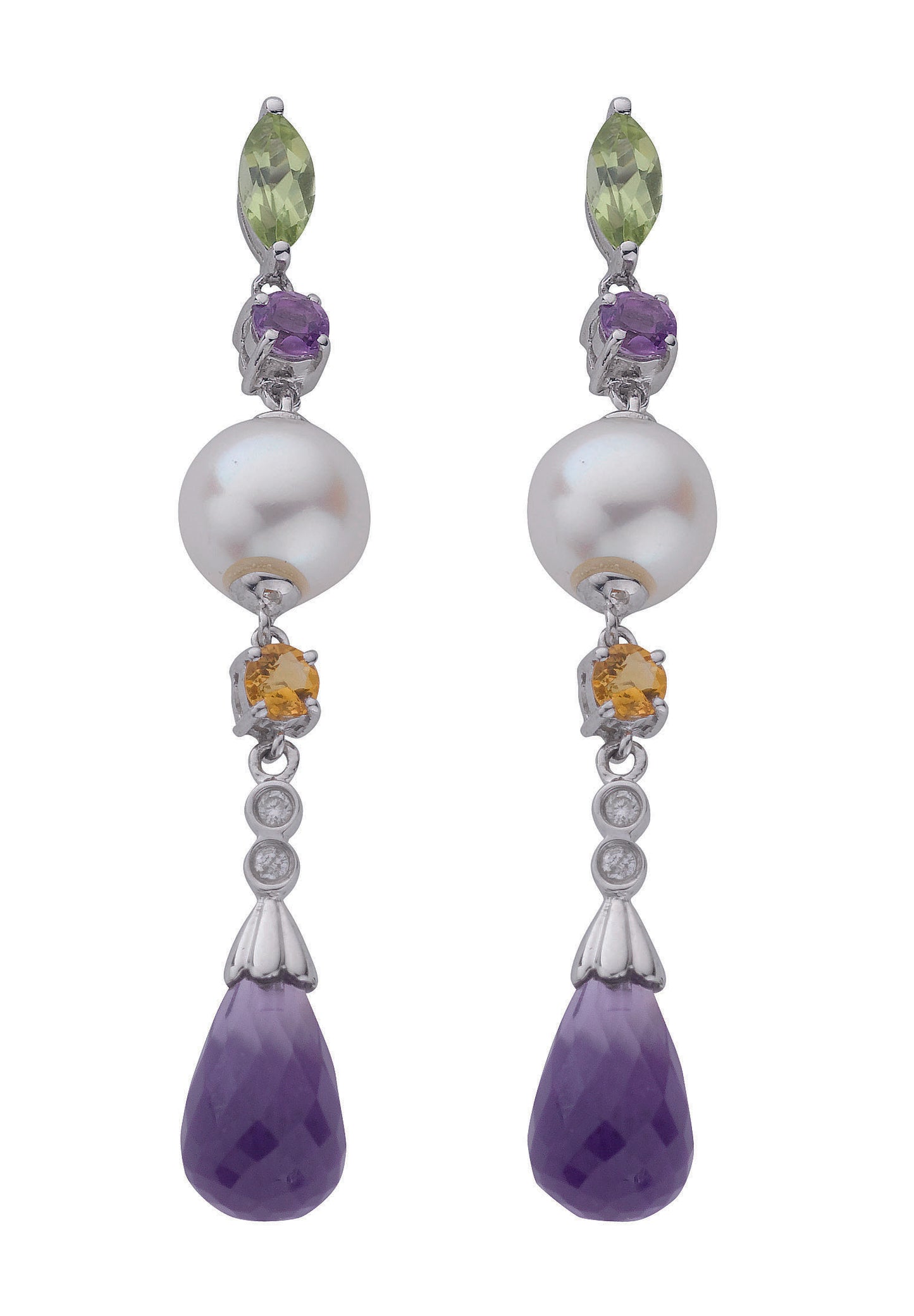 9ct White Gold 0.05ct Diamond & 5.49ct Citrine, Amethyst & Pearl Drop Earrings