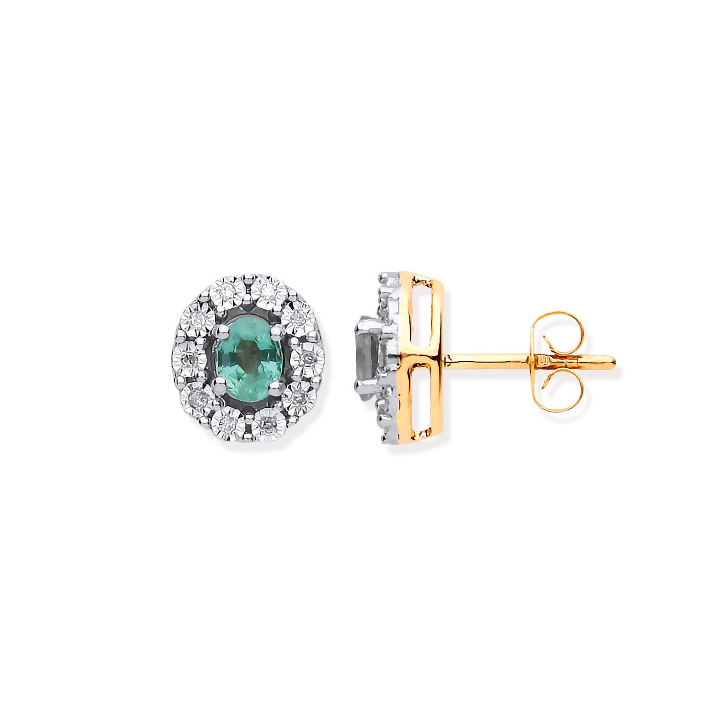 9ct YG 0.60ct Emerald & 0.08ct Diamond Oval Stud Earrings