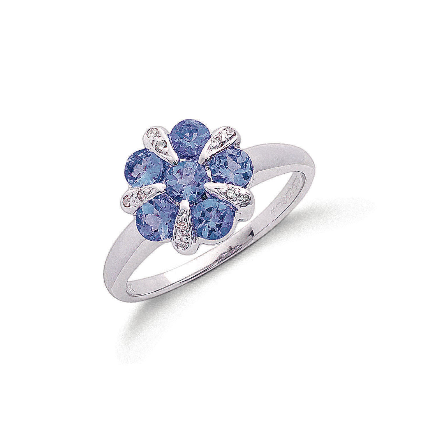 9ct White Gold 0.06ct Diamond & 0.90ct Tanzanite Flower / Cluster Ring