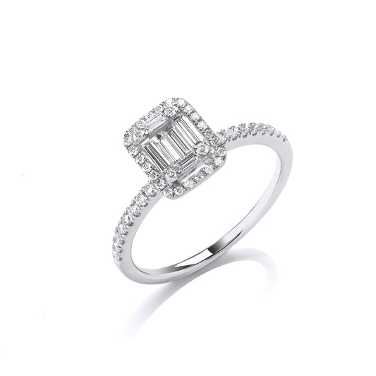18ct White Gold 0.50ct Baguette & Brilliant Cut Diamonds Rectangle Halo Ring