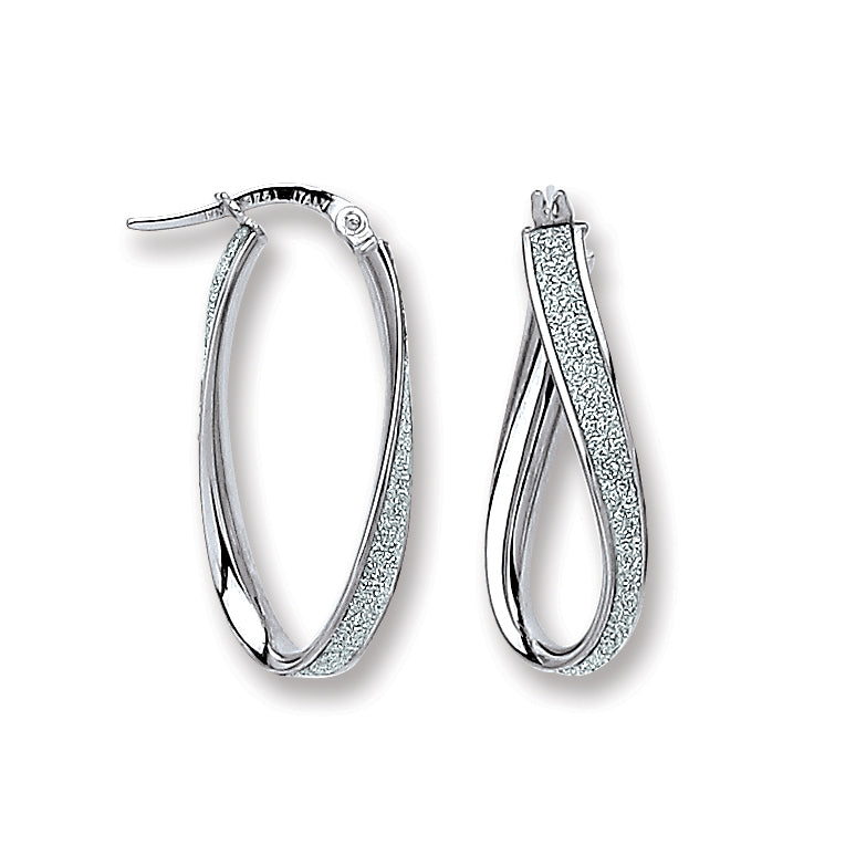 White Gold Glitter Oval Twist Hoop Earrings
