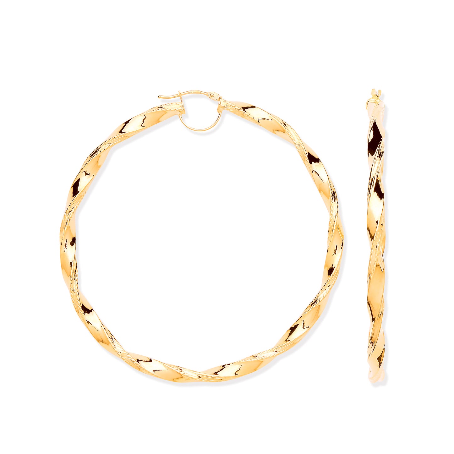 Gold 65mm Twist Hoop Ribbed Edge Earrings