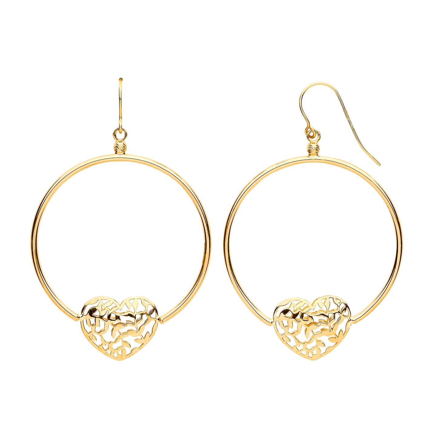 Gold Round Tube, Filigree Heart, Hook Style Earrings