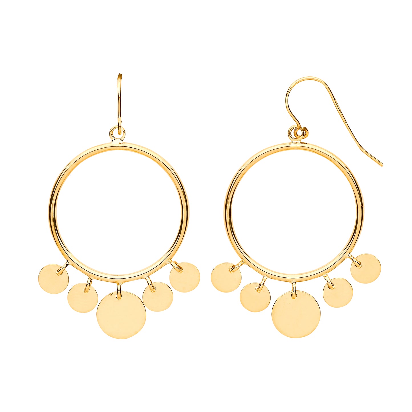 Gold Round Tube with Circle Disc Dangles, Hook Style Earrings