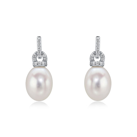 18ct White Gold Freshwater Cultured Pearl And Diamond Bar And Loop Top Drop Earrings
