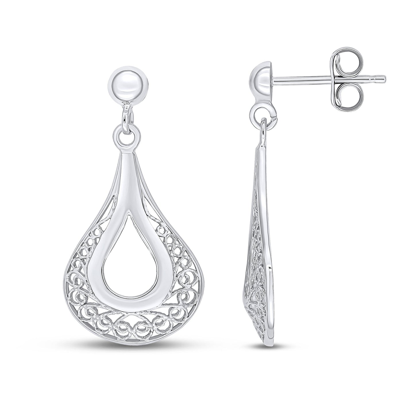 9ct White Gold Teardrop Filigree Drop Earrings