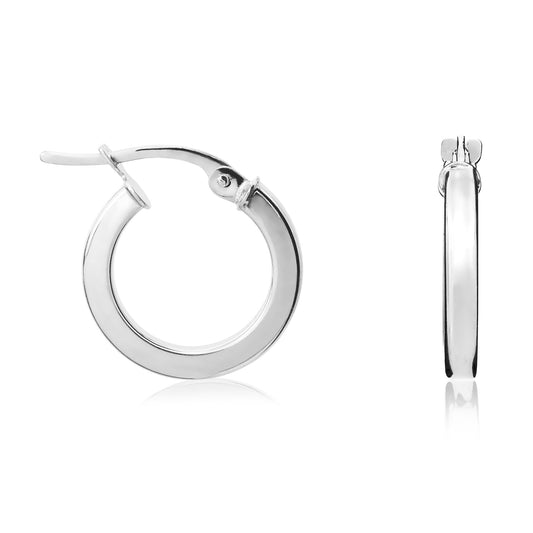 9ct White Gold 2mm Square Tube Round Hoop Earrings 14mm Diameter