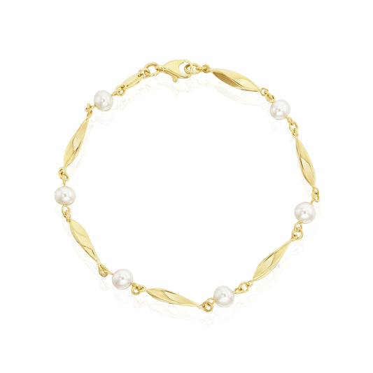 9ct Yellow Gold Polished Twist Bar And Cultured Freshwater Pearl Bracelet