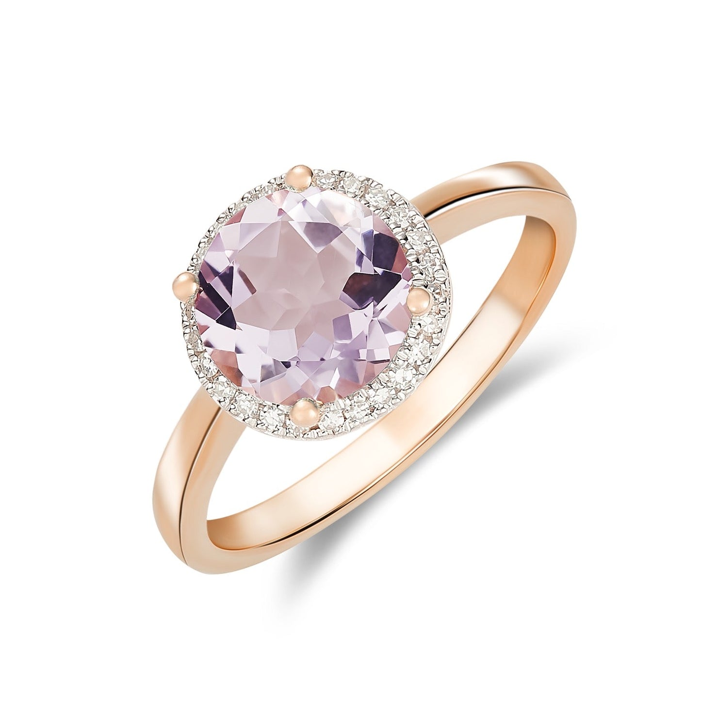 9ct Rose Gold Round Pink Amethyst And Diamond Claw Cluster Ring