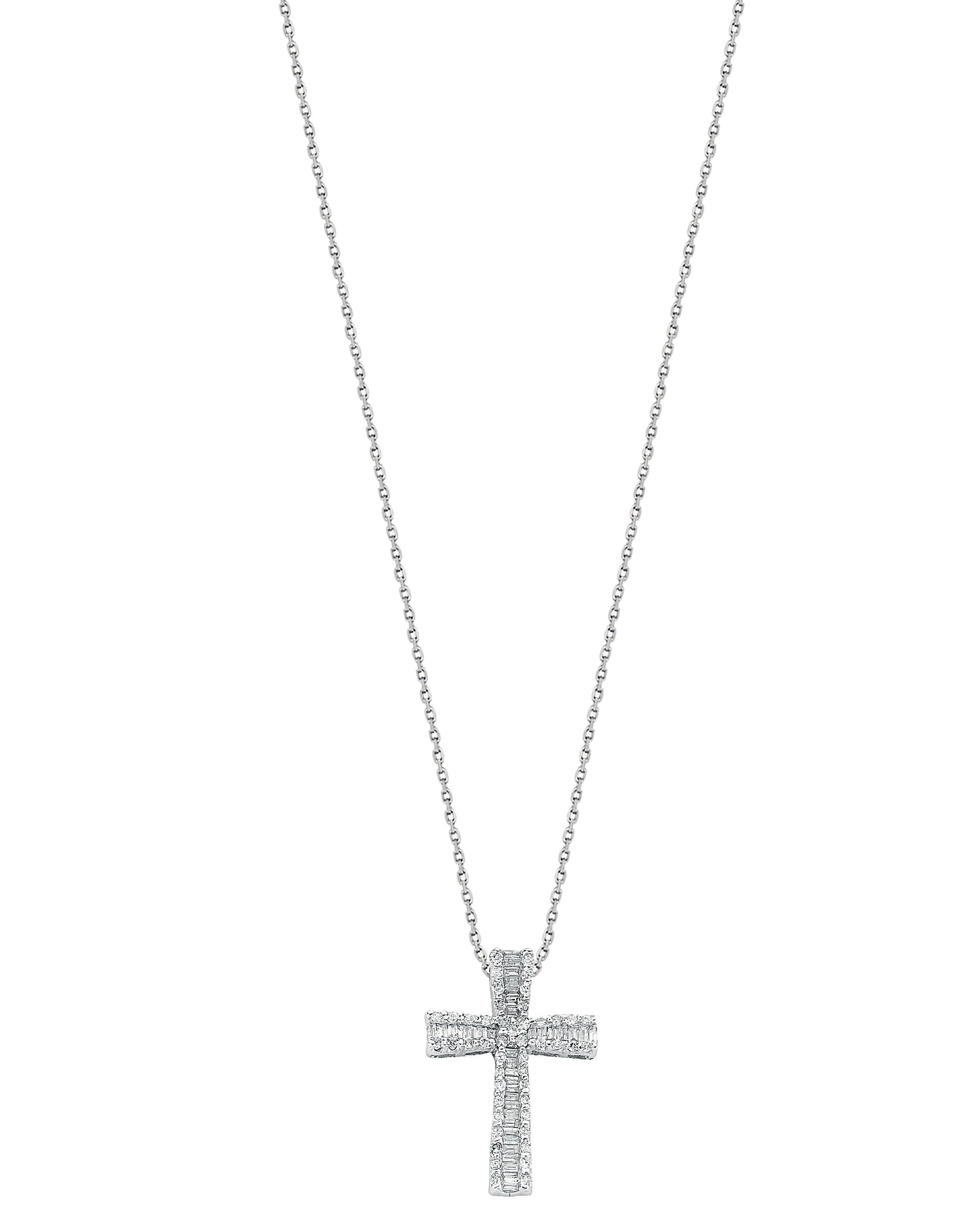 9ct White Gold 0.50ct Brilliant & Baguette Cut Diamond Cross Pendant with 18in/45cm Chain