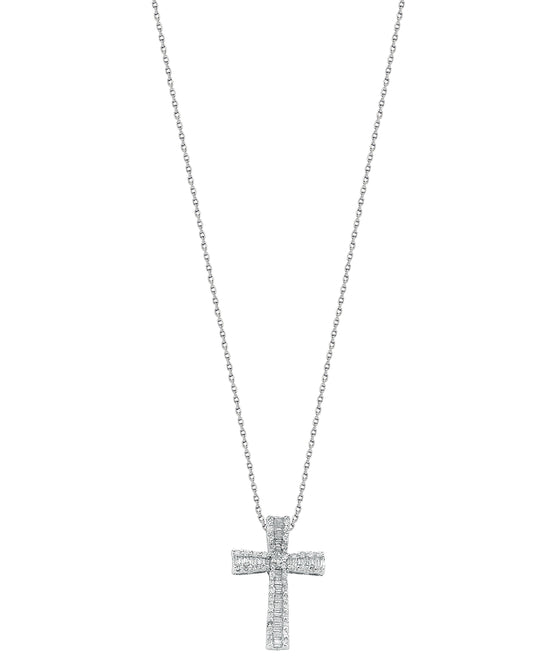 9ct White Gold 0.50ct Brilliant & Baguette Cut Diamond Cross Pendant with 18in/45cm Chain