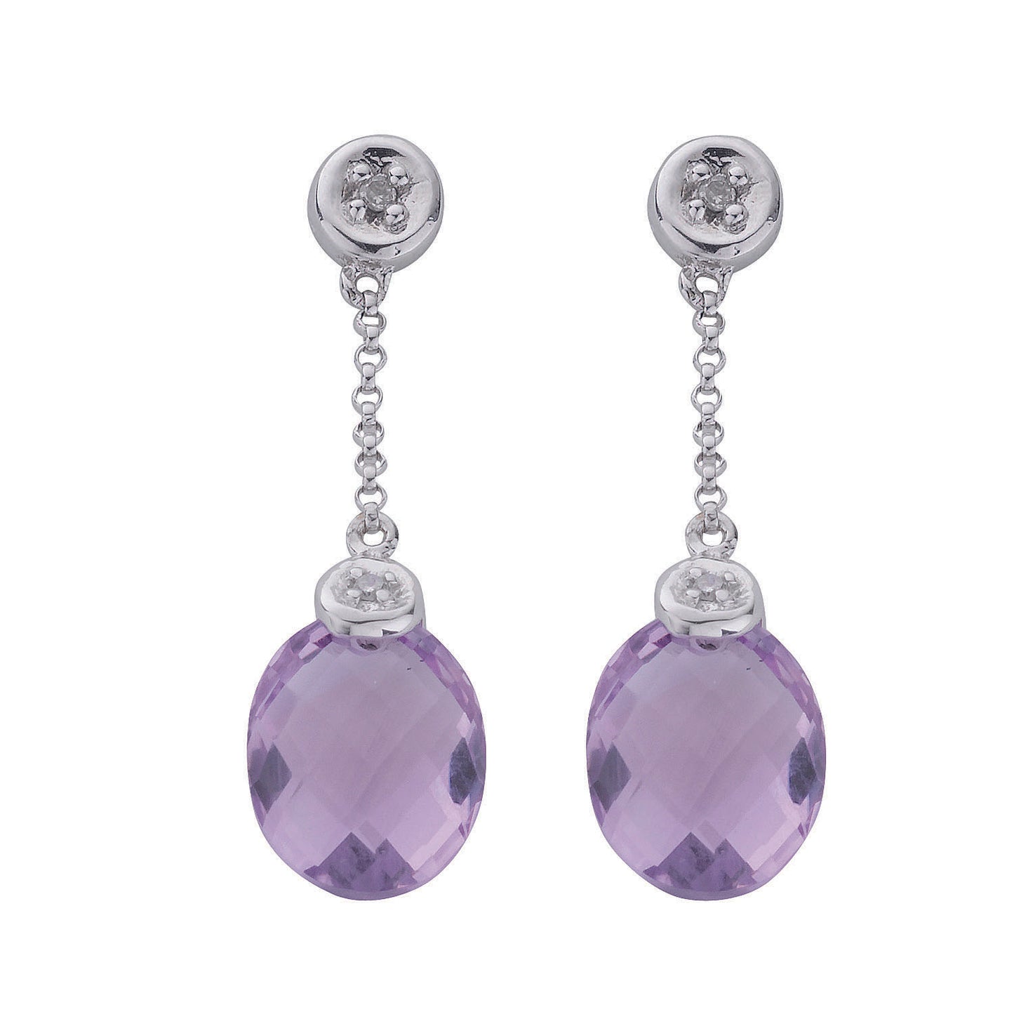 9ct White Gold 0.04ct Diamond & 4.66ct Amethyst Drop Earrings