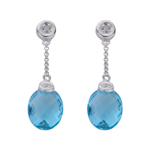 9ct White Gold 0.04ct Diamond & 6.93ct Blue Topaz Drop Earrings