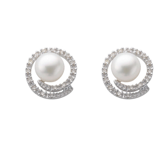 9ct White Gold 0.18ct Diamond & Pearl Stud Earrings