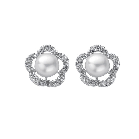 9ct White Gold 0.17ct Diamond & Pearl Stud Earrings