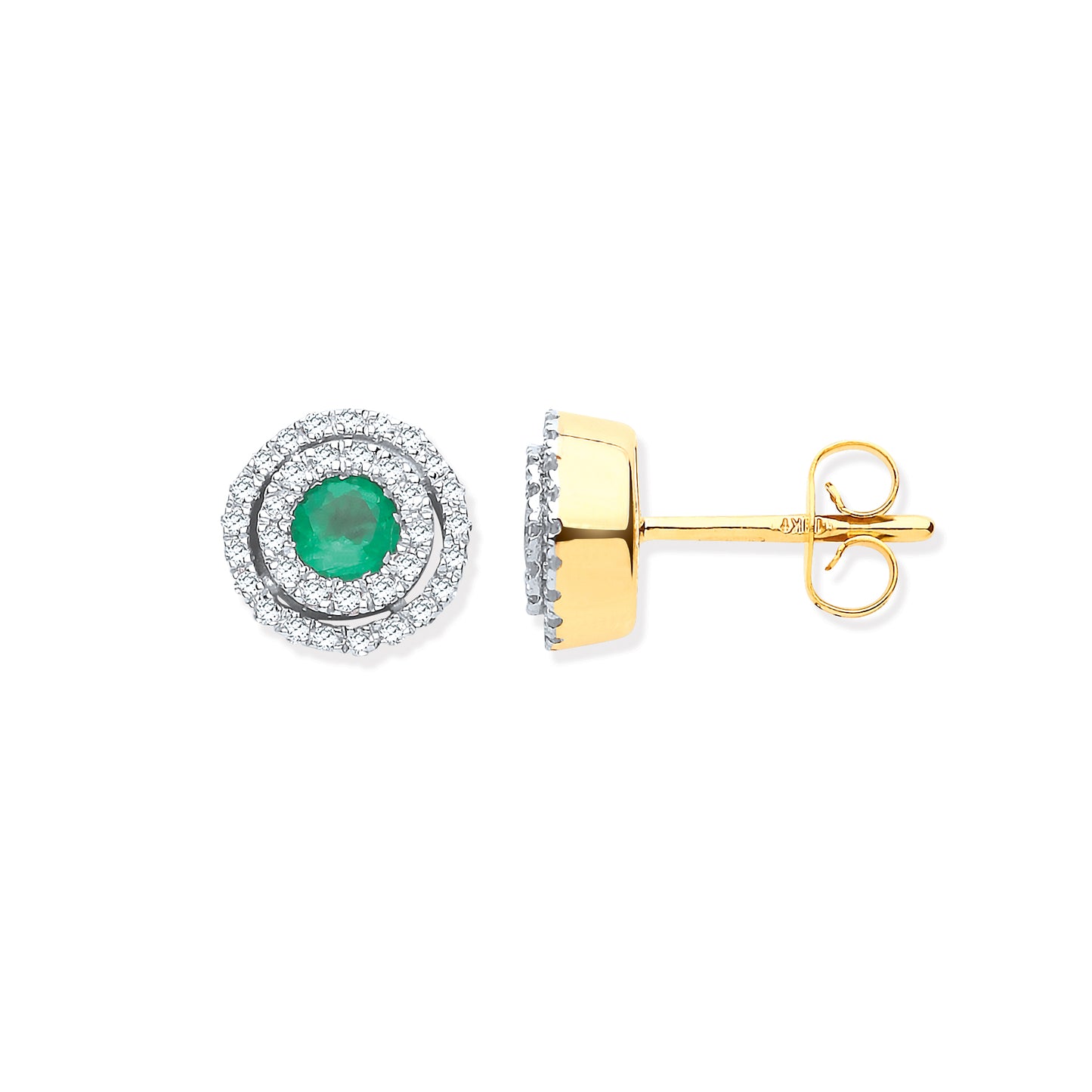 9ct YG Double Halo 0.25 Diamond & Emerald Round Stud Earrings