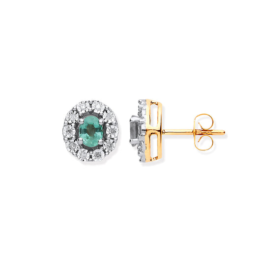 9ct YG 0.60ct Emerald & 0.08ct Diamond Oval Stud Earrings