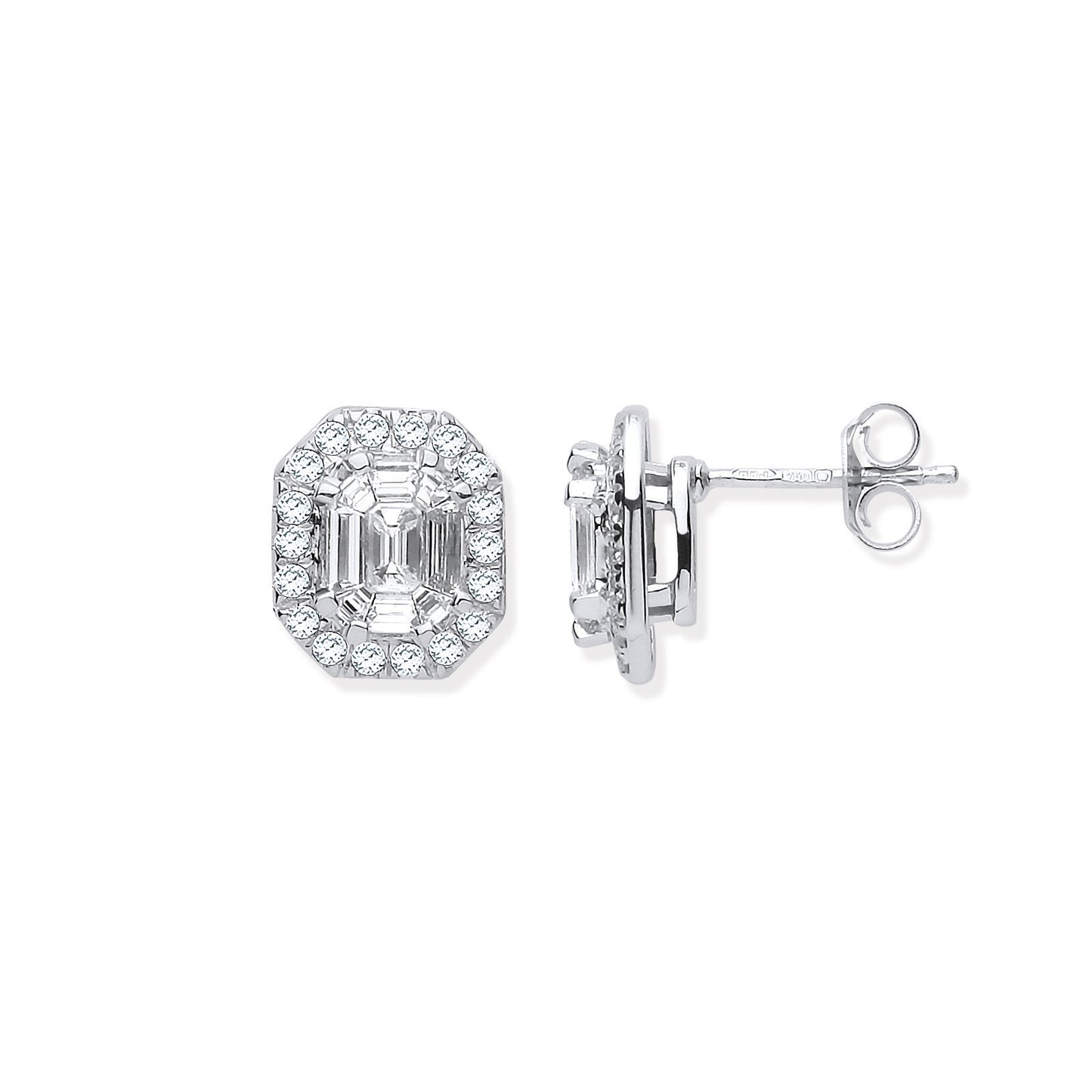 18ct WG Rd. Baguettes & Emerald Centre 1.40ct White Diamond Studs