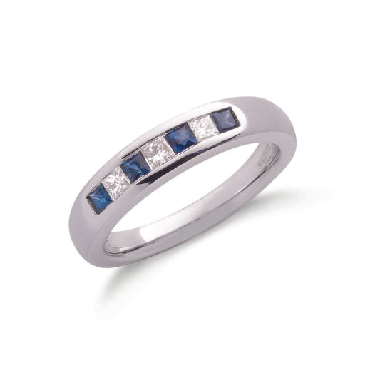 9ct White Gold Princess Cut 0.20ct Diamond & 0.35ct Blue Sapphire Eternity Ring