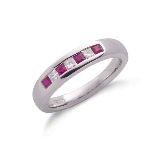 9ct White Gold Princess Cut 0.20ct Diamond & 0.35ct Ruby Eternity Ring