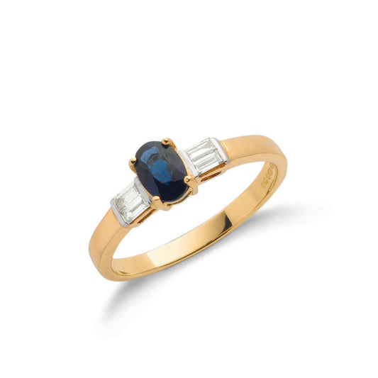 9ct Gold Baguette Cut 0.11ct Diamond & 0.60ct Blue Sapphire Ring