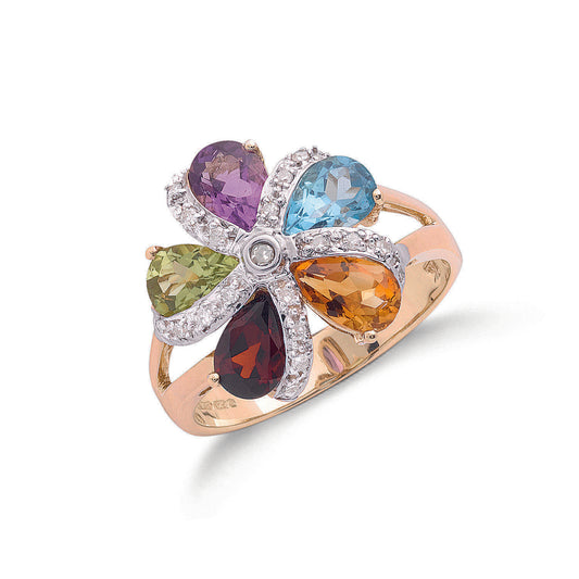 9ct Gold Diamond & Multi Colour St Flower / Cluster Ring