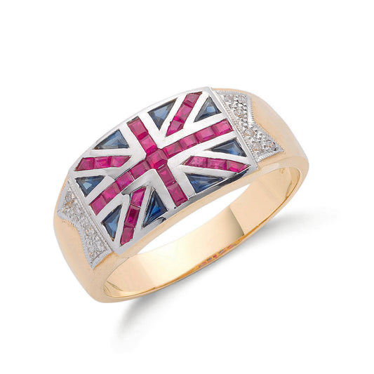 9ct Gold 0.06ct Diamond 0.30ct Blue Sapphire &1.00ct Ruby Union Jack Ring