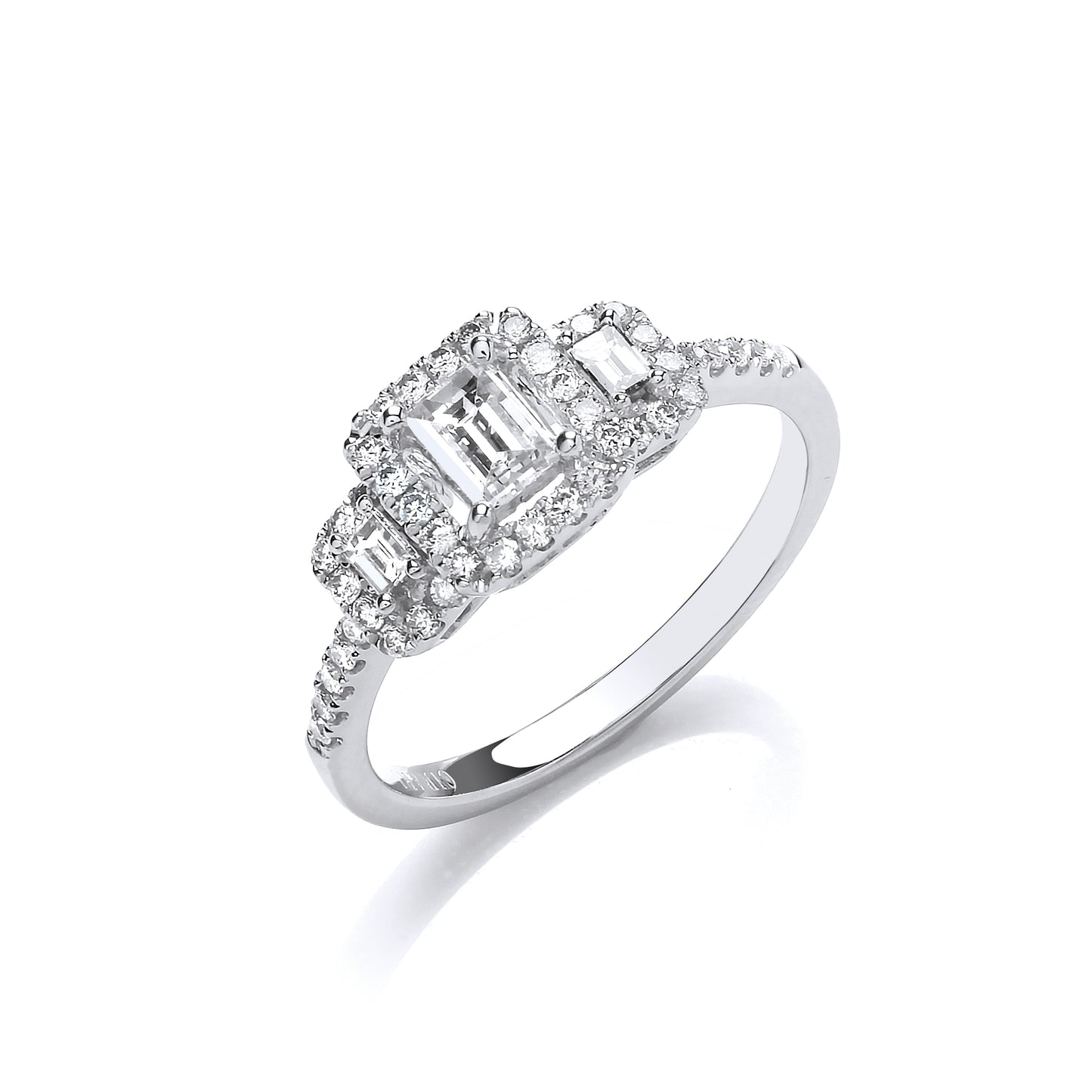 18ct WG Emerald Cut 0.75ct Halo styleTrilogy Ring