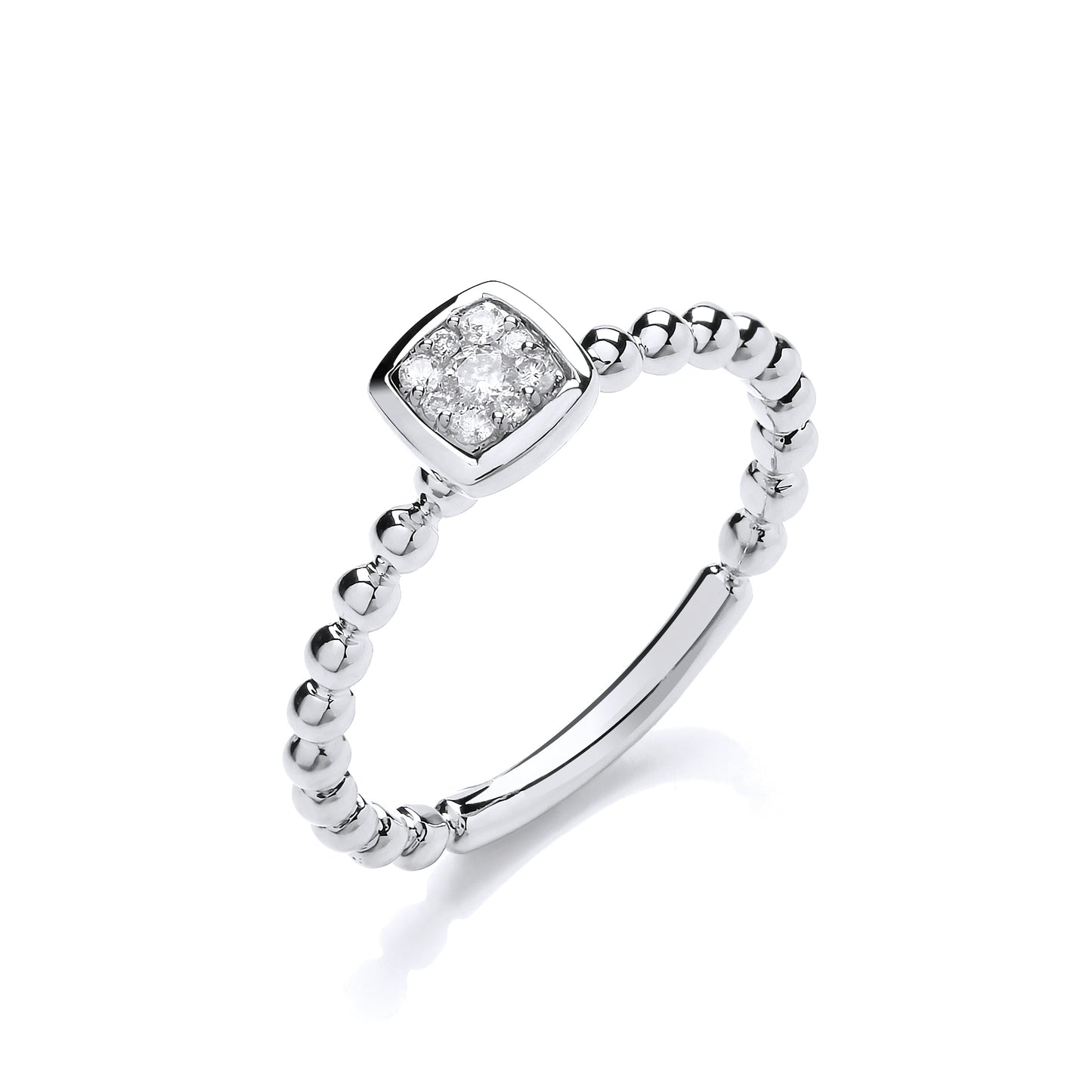 9ct White Gold 0.10ct Beaded Shank Square top Ring