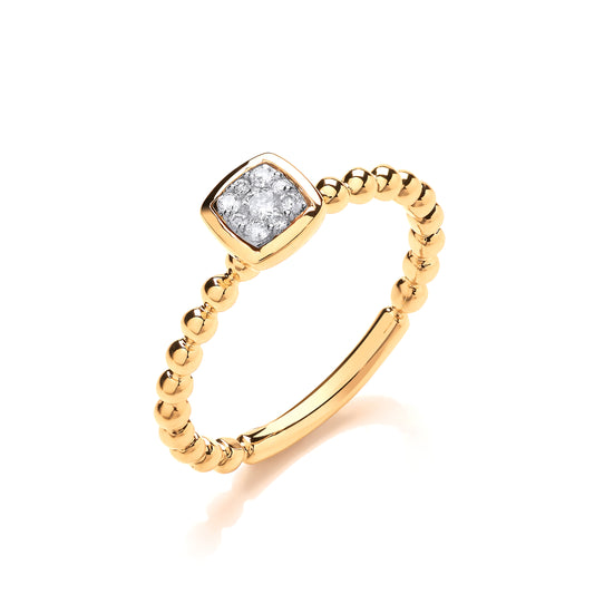 9ct Gold 0.10ct Beaded Shank Square top Ring