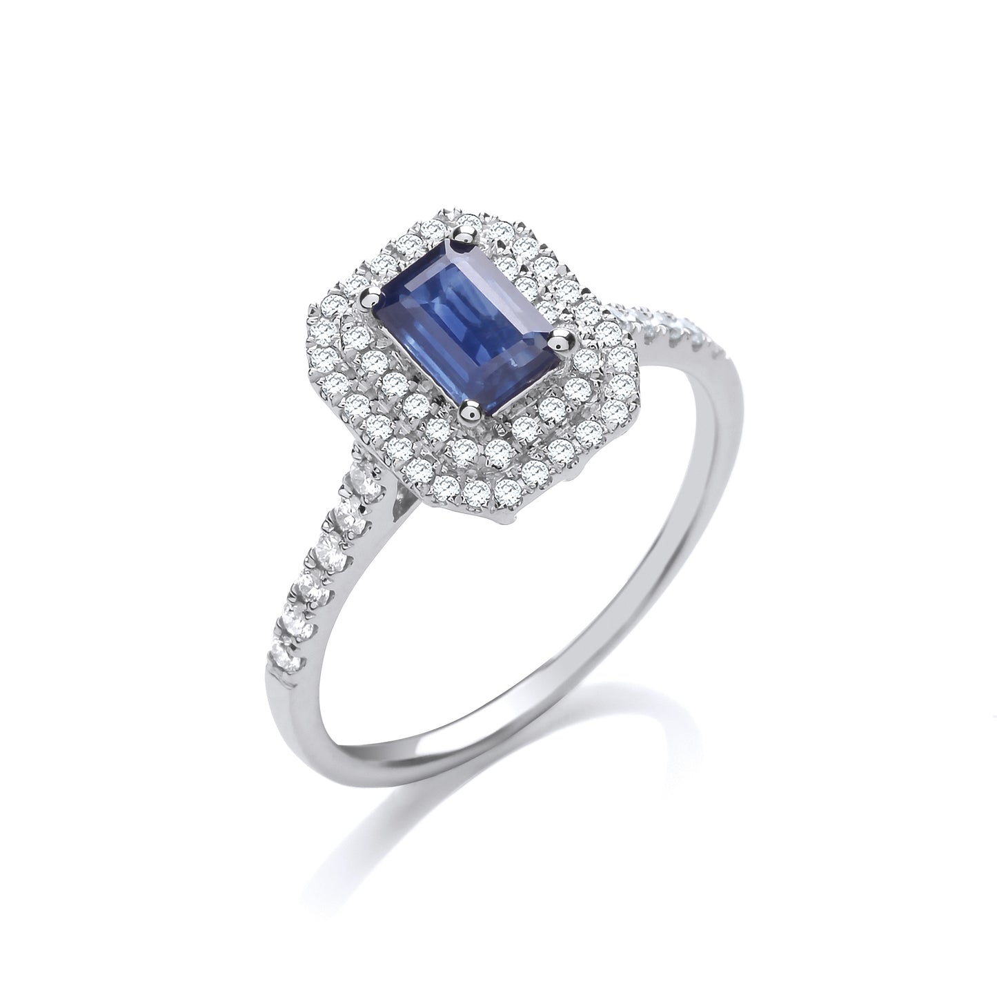 9ct WG 0.30ct Double Halo Diamond 0.66ct Emerald Cut Sapphire Ring