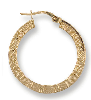 Gold 26mm Frosted Greek Key Hoop Earrings