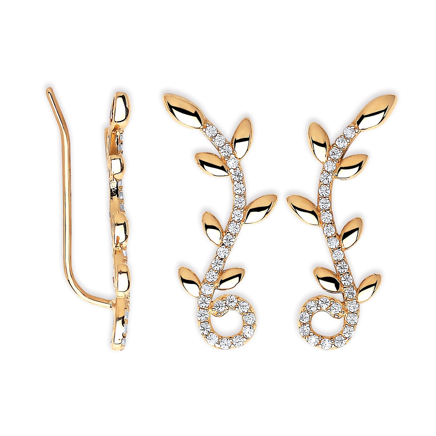 Gold Arc-shaped Ear Hook Cz Leaf Clip Earrings