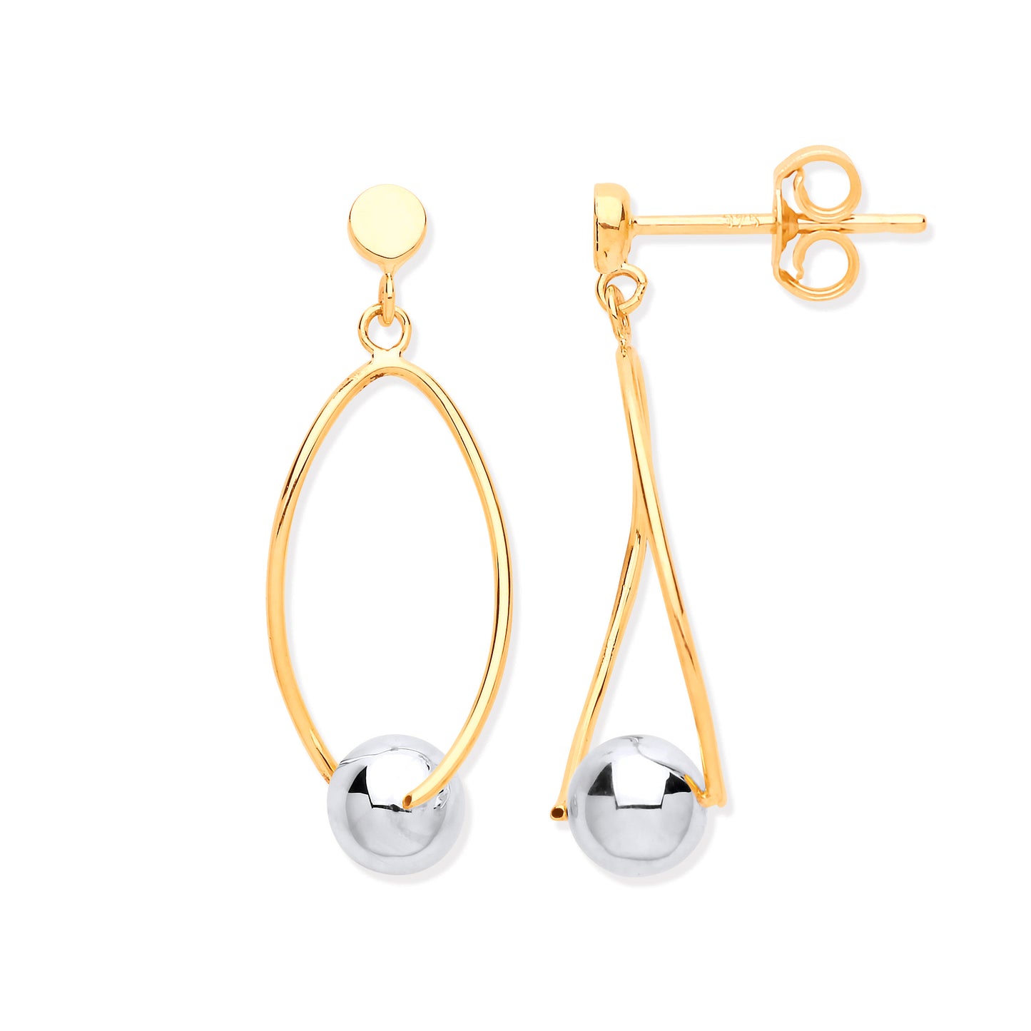 Yellow & White Gold Thin Wire Drop with White Gold Ball Earrings