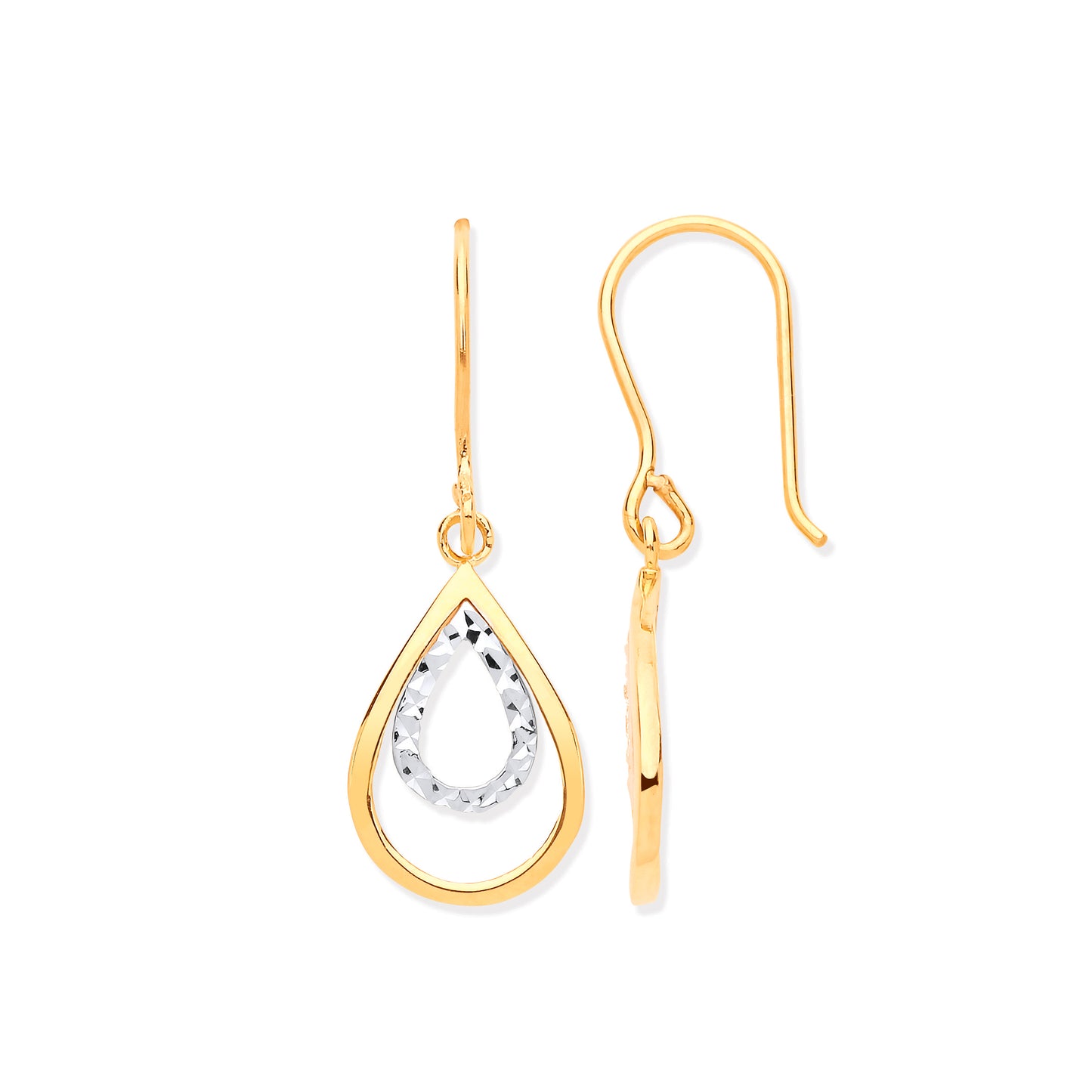 Yellow & White Gold Teardrop Shaped Hook Earrings