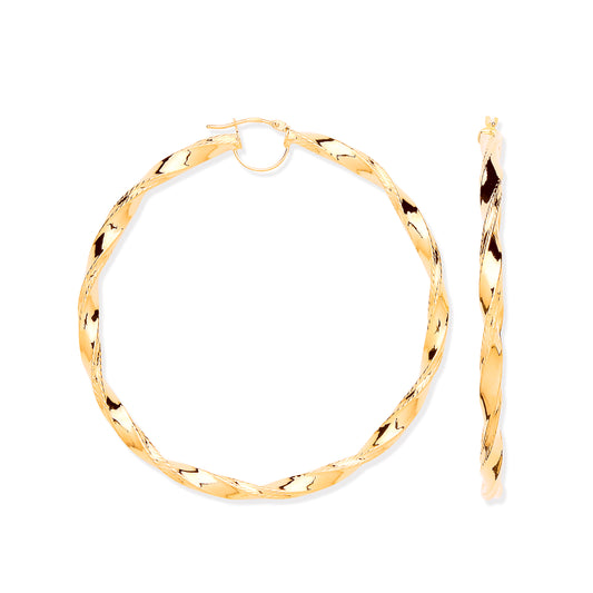 Gold 65mm Twist Hoop Ribbed Edge Earrings