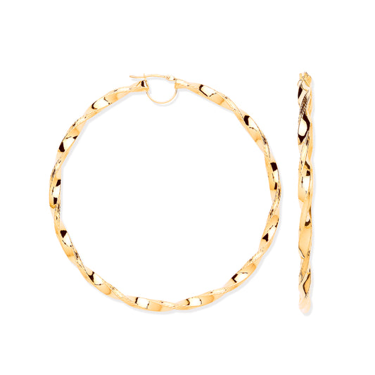 Gold 76mm Twist Hoop Ribbed Edge Earrings