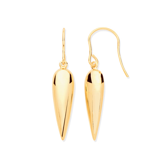 Gold Elongated Drop, Fish Hook Earrings