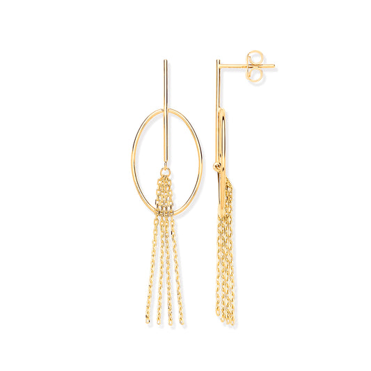 Gold Oval Tube Tassel Drop Earrings