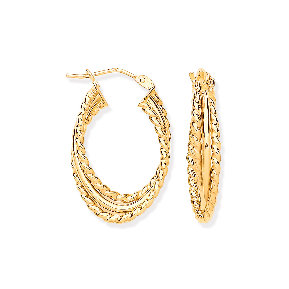 Gold Triple Layer Ribbed & Plain Oval Hoop Earrings