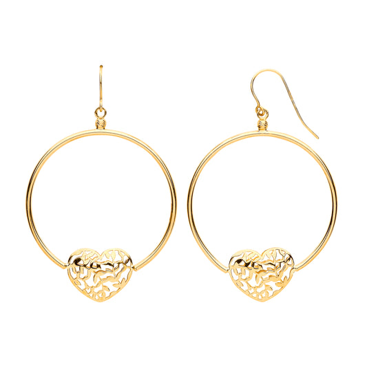 Gold Round Tube, Filigree Heart, Hook Style Earrings