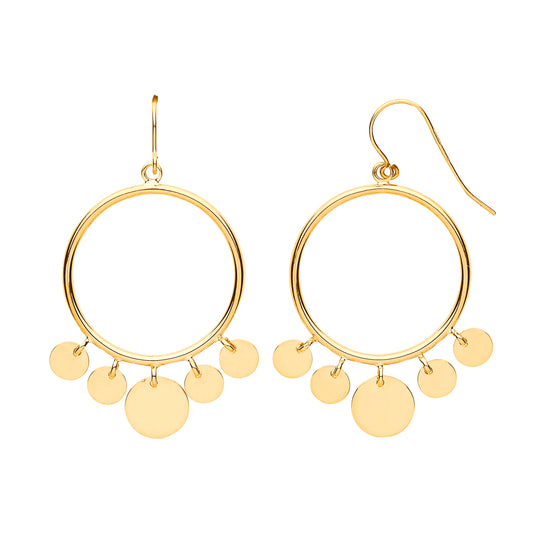 Gold Round Tube with Circle Disc Dangles, Hook Style Earrings