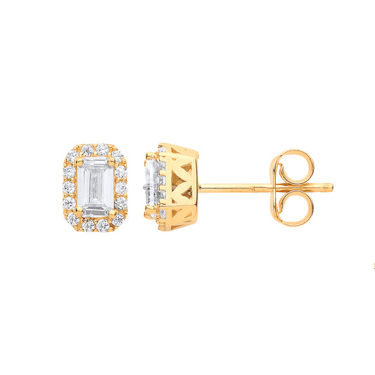 Gold Baguette Halo Stud Earrings