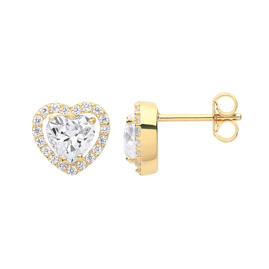 Gold Heart Halo Style CZ Stud Earrings